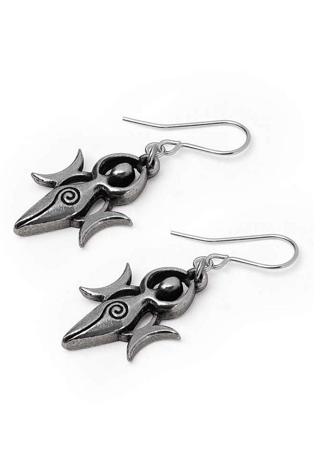 Handmade pewter Danu earrings featuring Wiccan triple moon symbols, perfect for day-to-night wear.