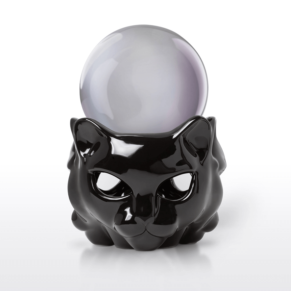 Gothic black ceramic cat head mug warmer with crystal ball for mystical drinks and decor