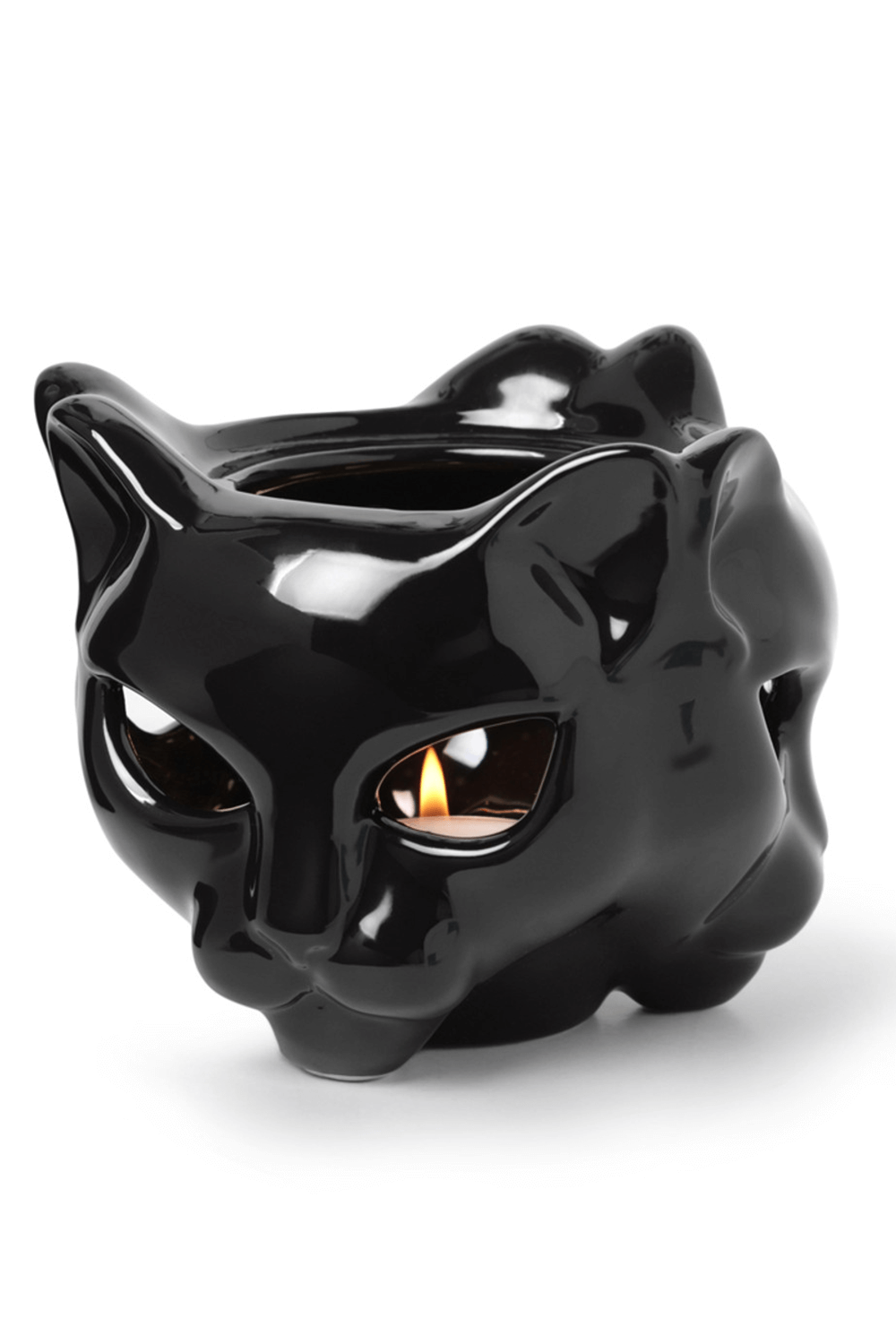 Gothic black ceramic cat head tealight warmer, perfect for keeping drinks warm and adding spooky decor.
