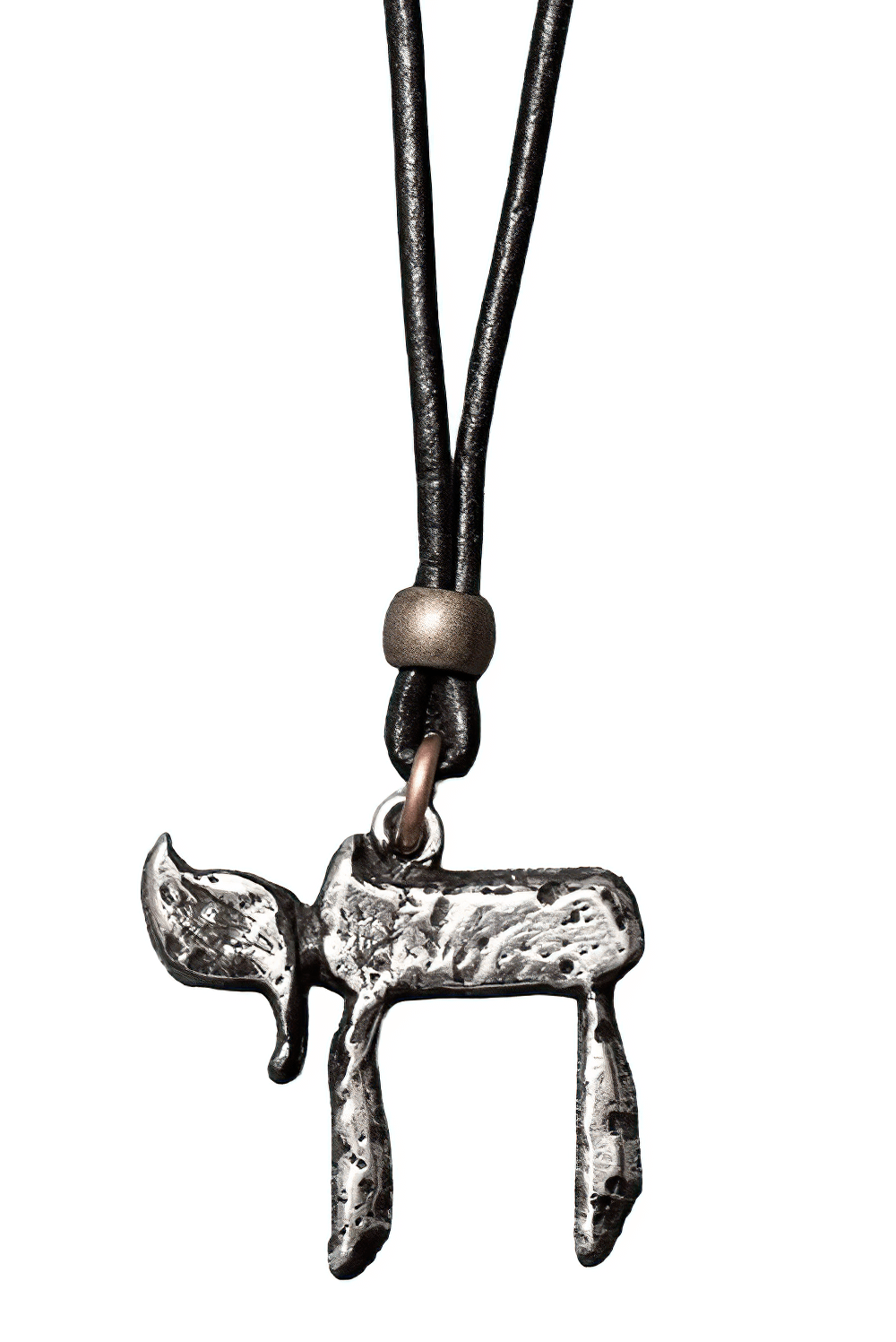 Chai Hebrew Life Symbol Pewter Pendant Necklace showcasing a silver life symbol amulet on a black leather cord.