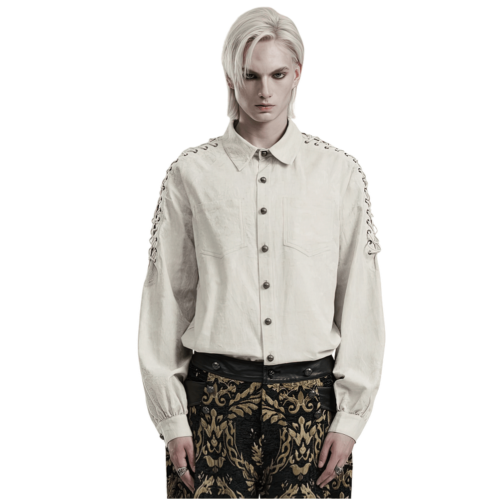 Men's Gothic linen shirt with eyelet chains, featuring dual patch pockets and artisanal craftsmanship.