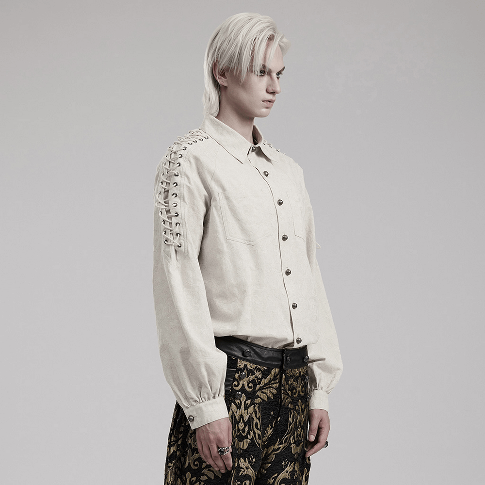 Men's Gothic linen shirt with eyelet chains and dual patch pockets for a unique style.