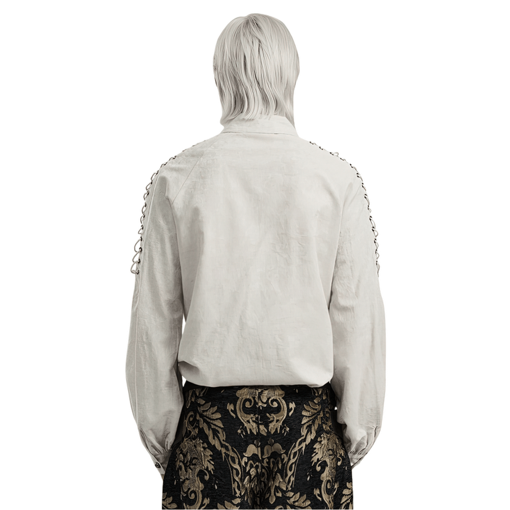 Back view of men's chain embellished Gothic linen shirt with eyelet drawstring details.