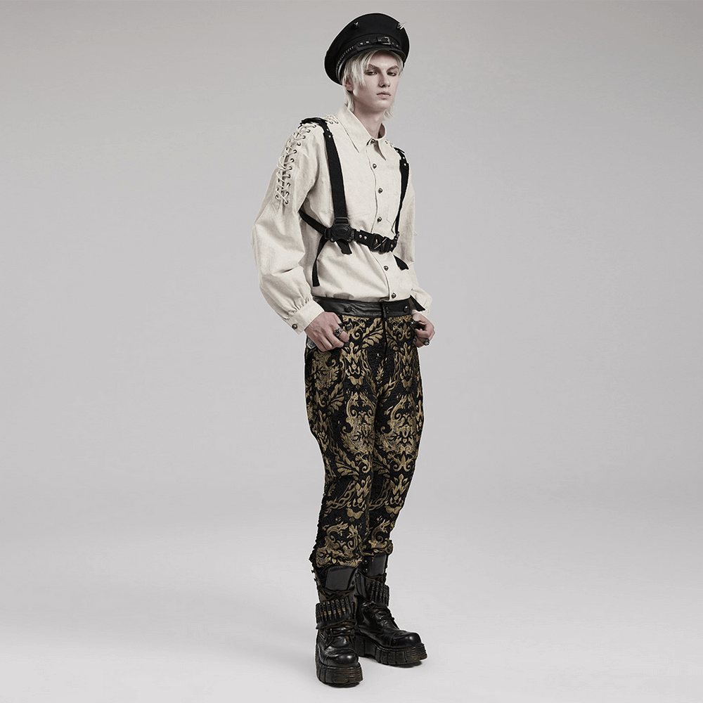 Men's Gothic linen shirt with eyelet chains, styled with unique pants and statement accessories.