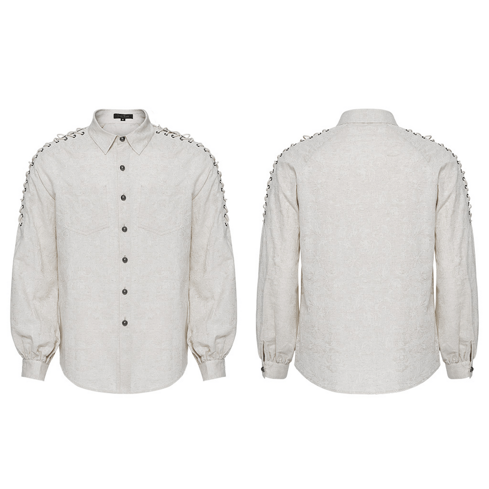 Men's Gothic linen shirt with eyelet chains, featuring dual patch pockets and artisanal craftsmanship.