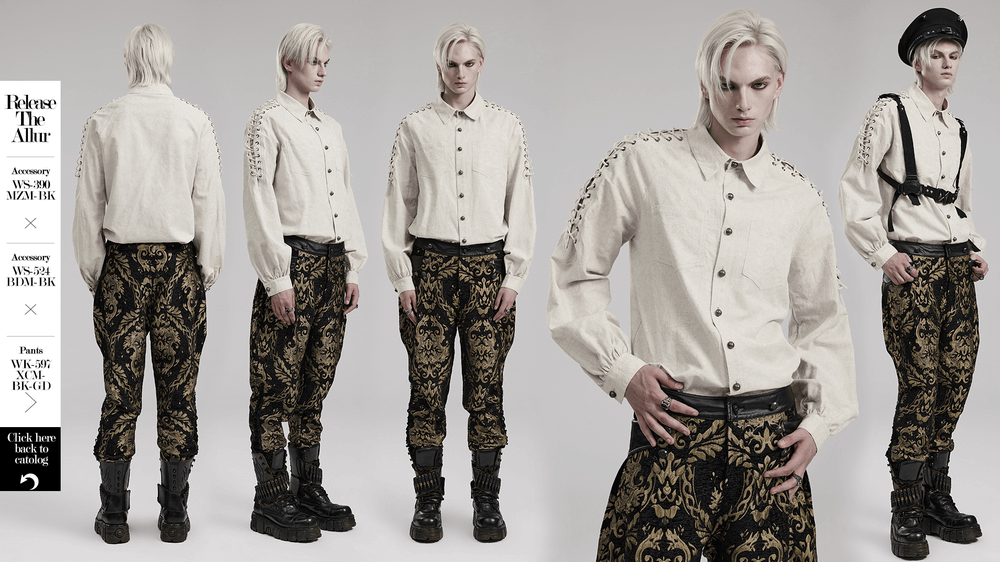 Men's Gothic linen shirt with eyelet chains, featuring patch pockets and artisanal craftsmanship.