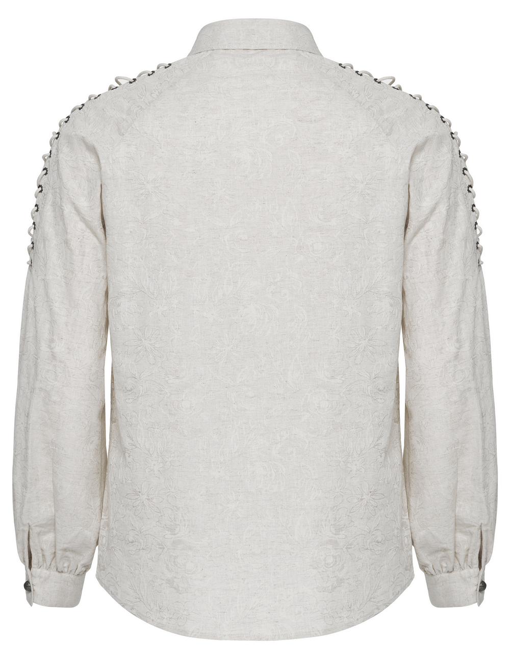 Back view of men's gothic linen shirt featuring eyelet chains and embroidered fabric.