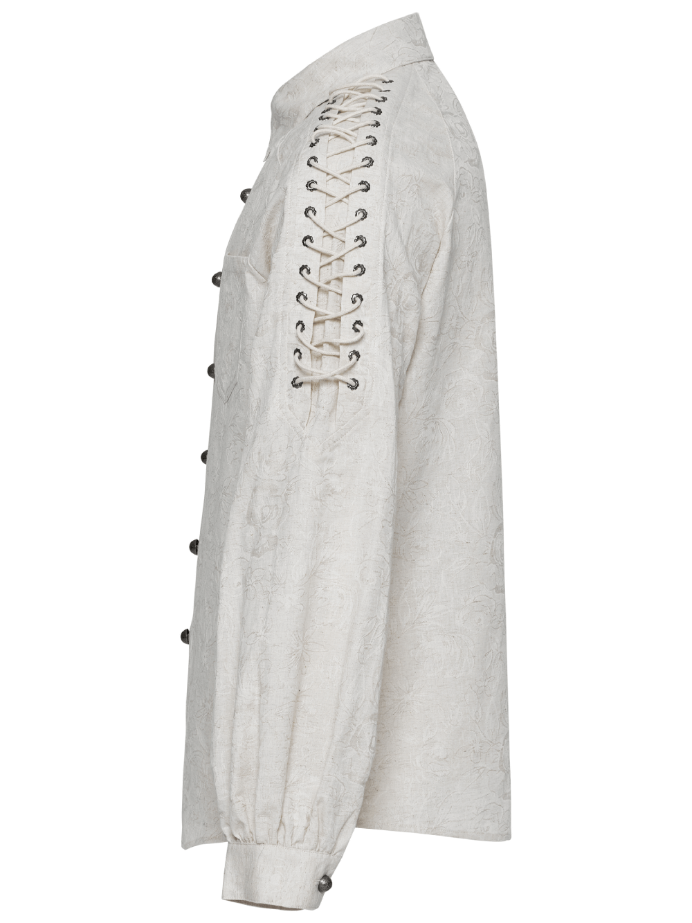Side view of the Chain Embellished Gothic Linen Shirt for Men featuring eyelet chains and artisanal craftsmanship.