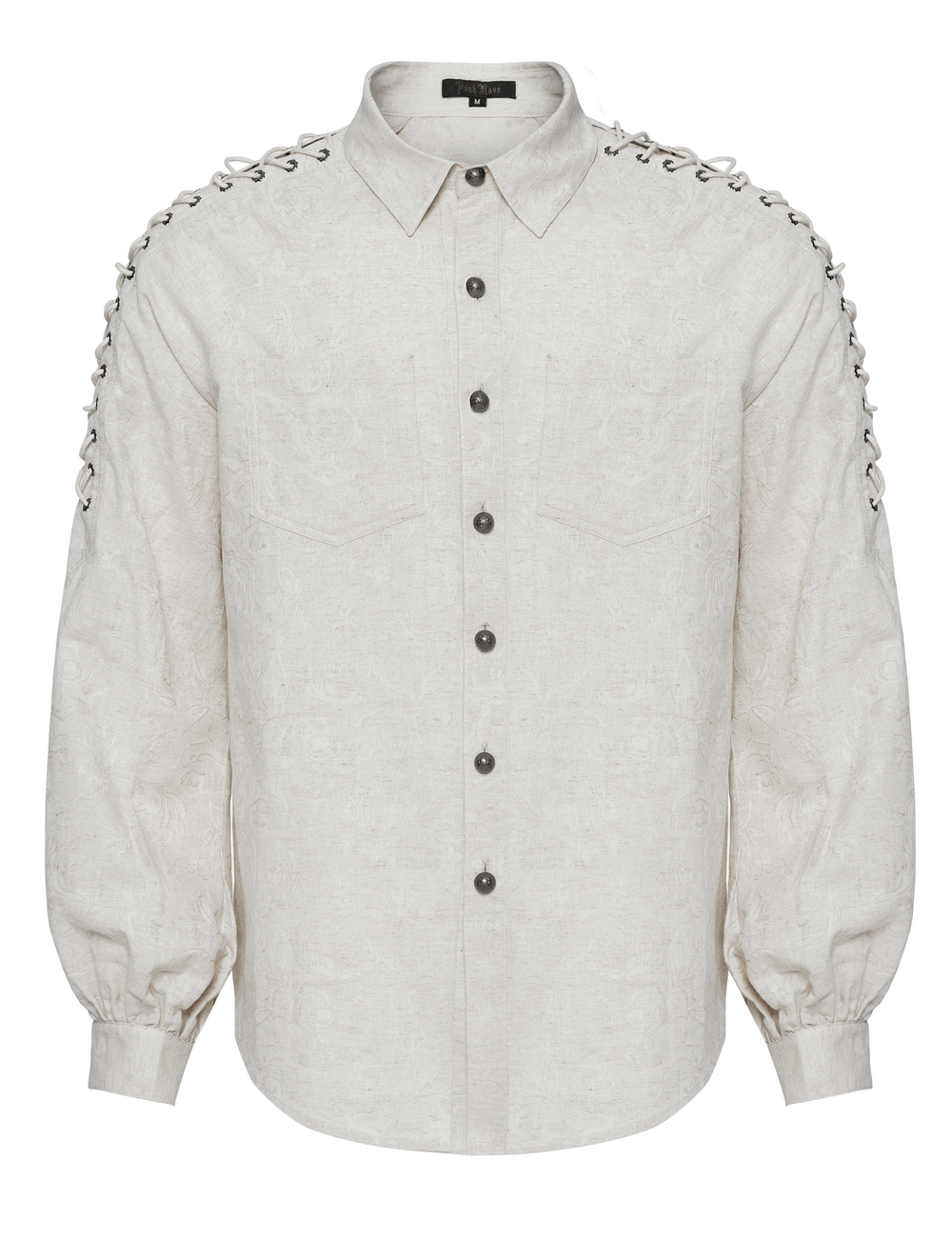 Men's gothic linen shirt with eyelet chains, featuring patch pockets and artisanal craftsmanship.