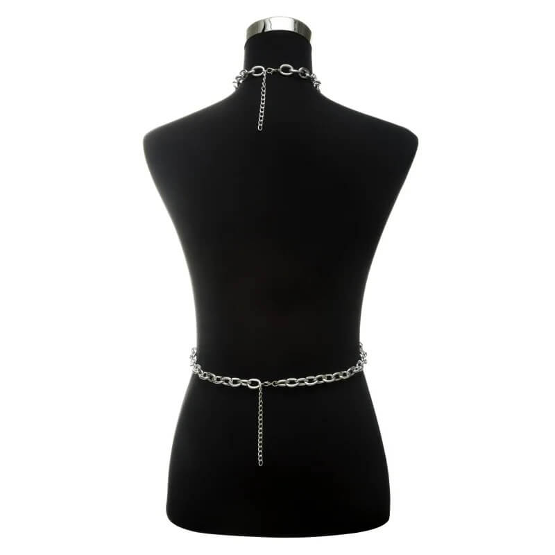 Back view of a gothic chain body harness on a mannequin, featuring leather and metal accents for a sexy fashion statement.