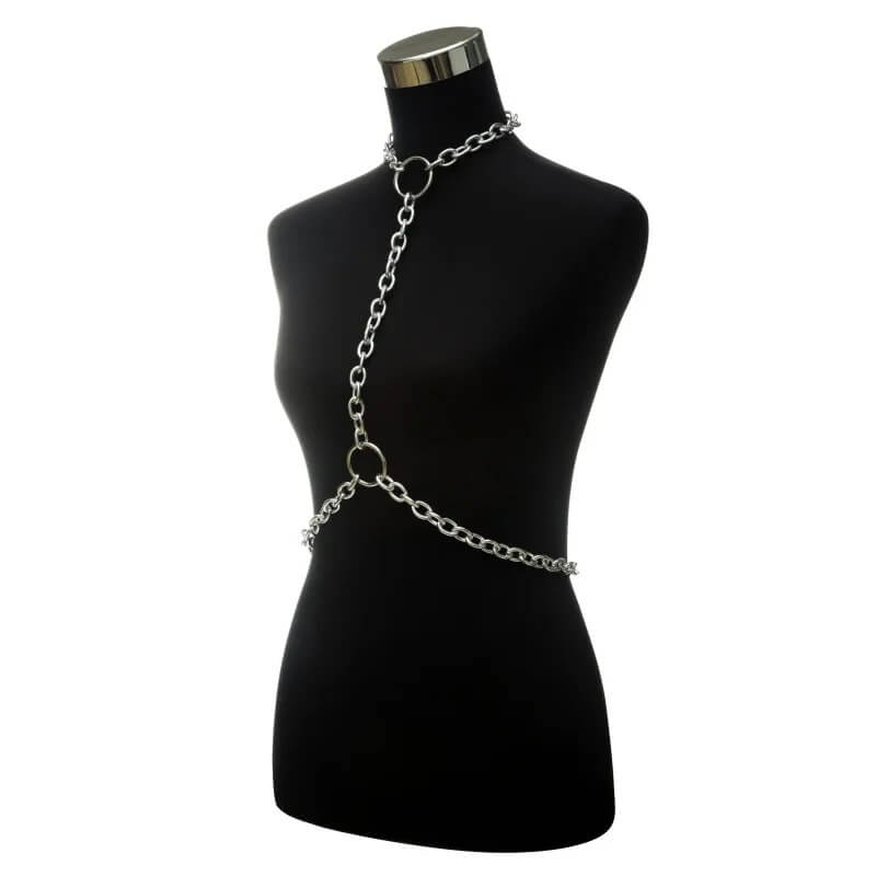 Gothic leather choker harness with chain detail on a mannequin, perfect for sexy fashion styling.