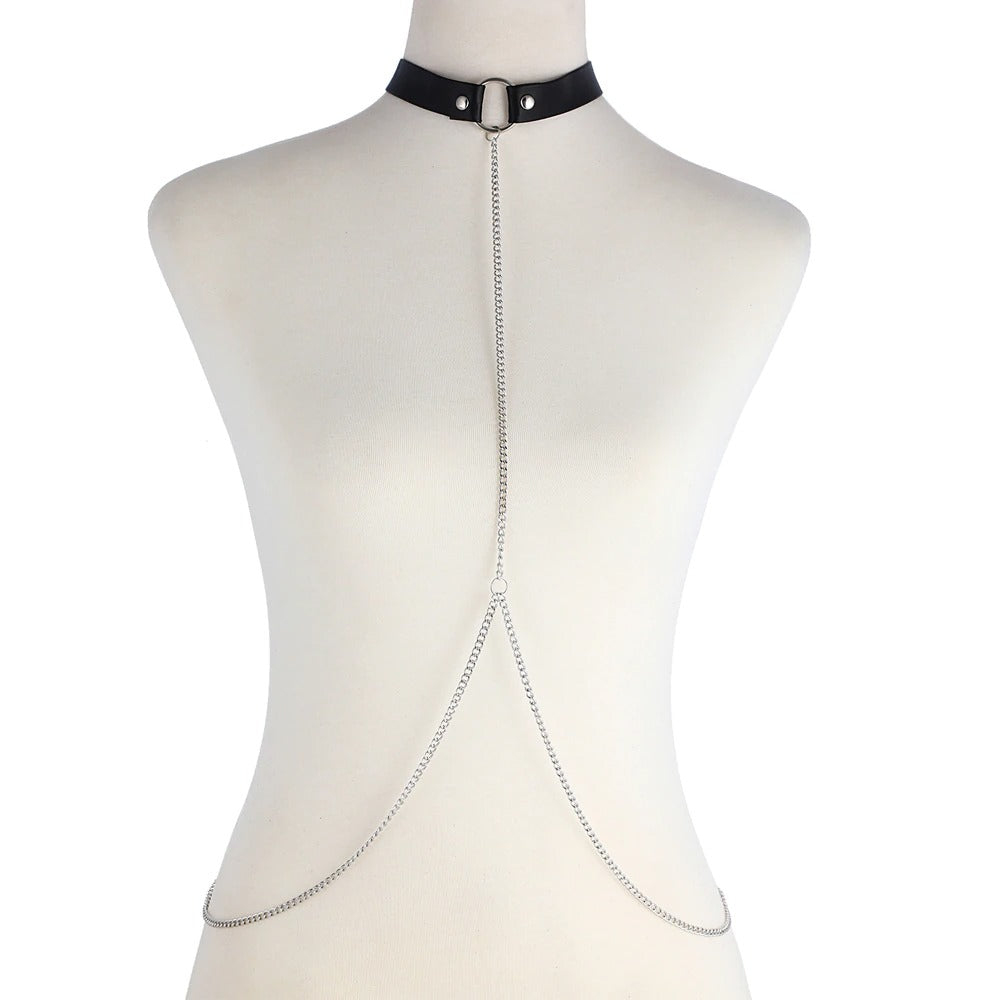 Chain Women's Neck Harness / Faux Leather Body Harness with Long Chain / Gothic Style Accessories - HARD'N'HEAVY