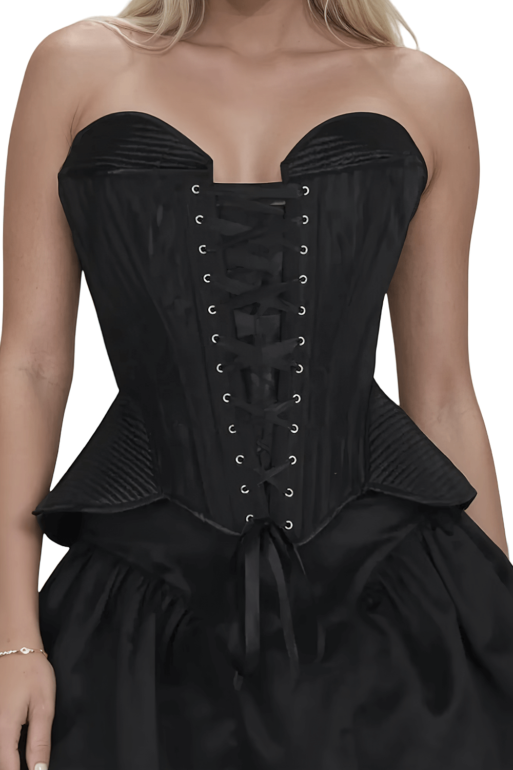 Elegant black steel-boned overbust corset with lace-up front and ribbed satin detail, perfect for gothic fashion.
