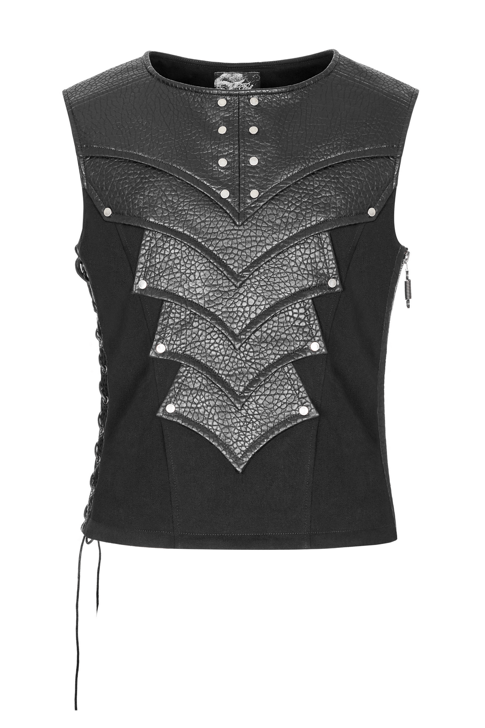 Chest protector vest featuring adjustable side lacing and zipper, stylish black with textured details.