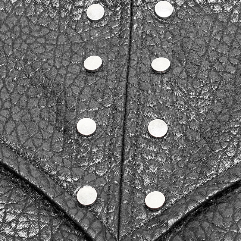 Close-up of a chest protector vest showcasing adjustable side lacing and stylish snaps on black textured leather.