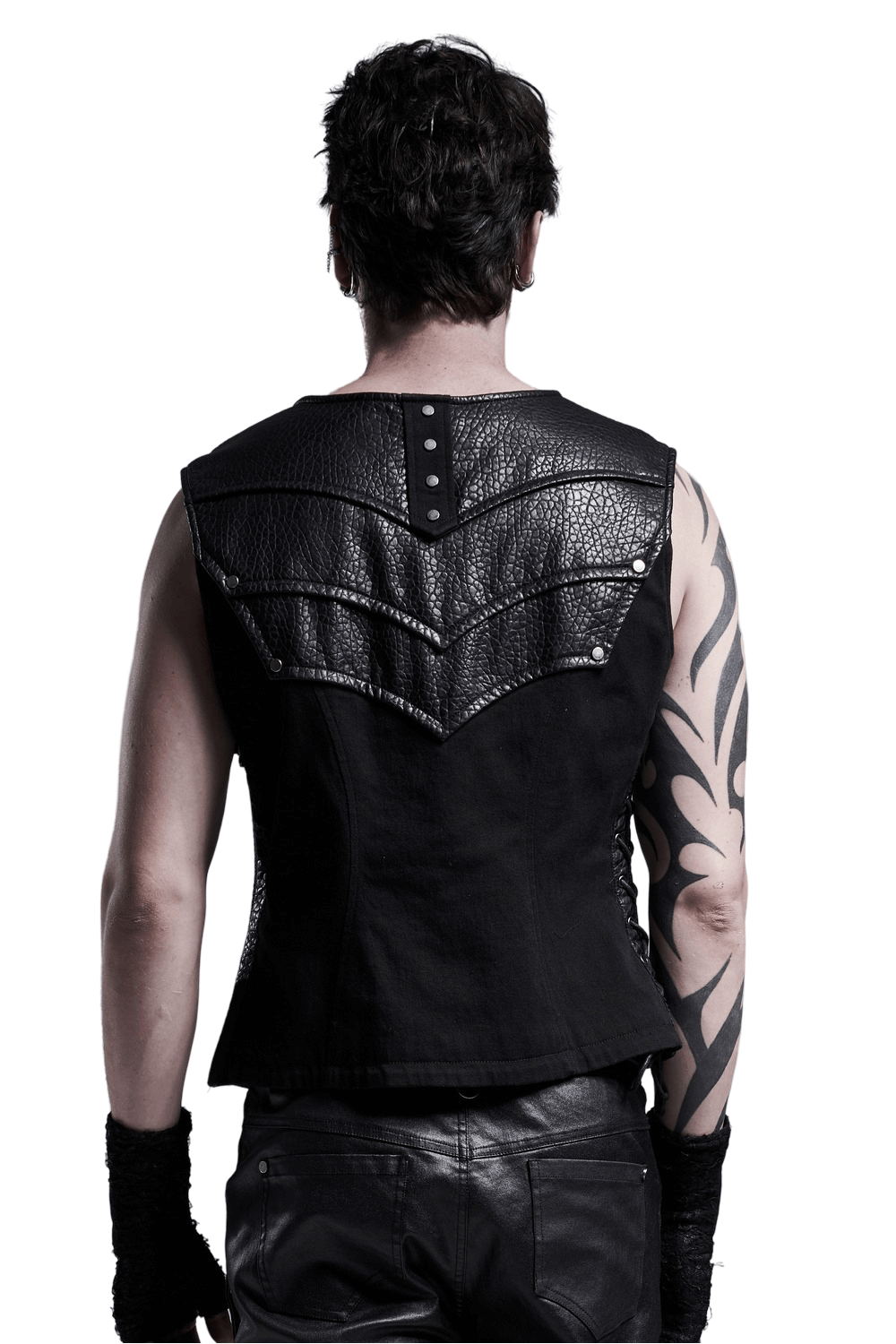 Back view of a stylish chest protector vest featuring adjustable side lacing and a sleek zipper design.