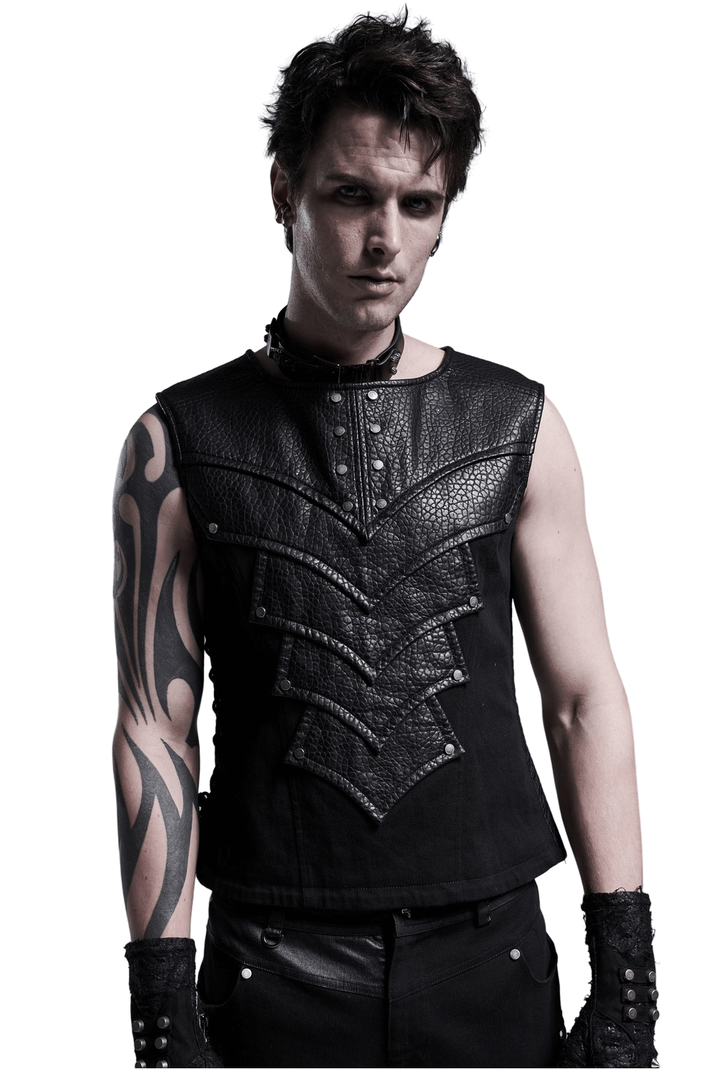 Stylish black chest protector vest with adjustable lacing, featuring a bold design and unique zipper detail.