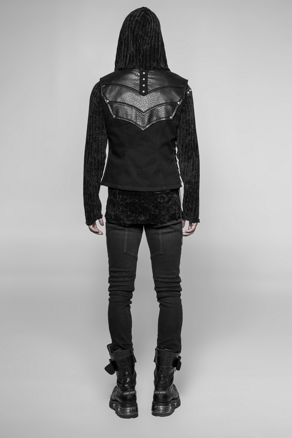 Back view of a stylish black chest protector vest with adjustable side lacing and a hood, perfect for edgy fashion.