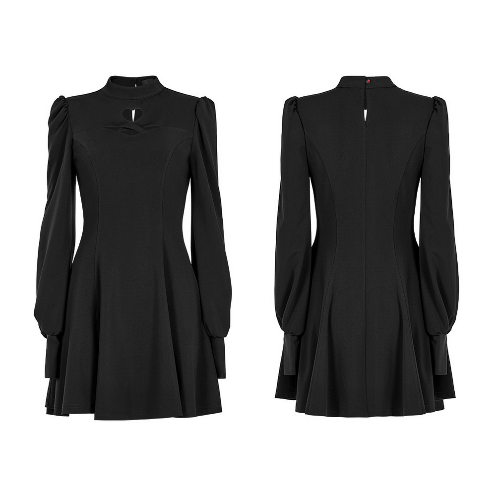 Chic A-Line Black Dress with Puff Sleeves and Cutout