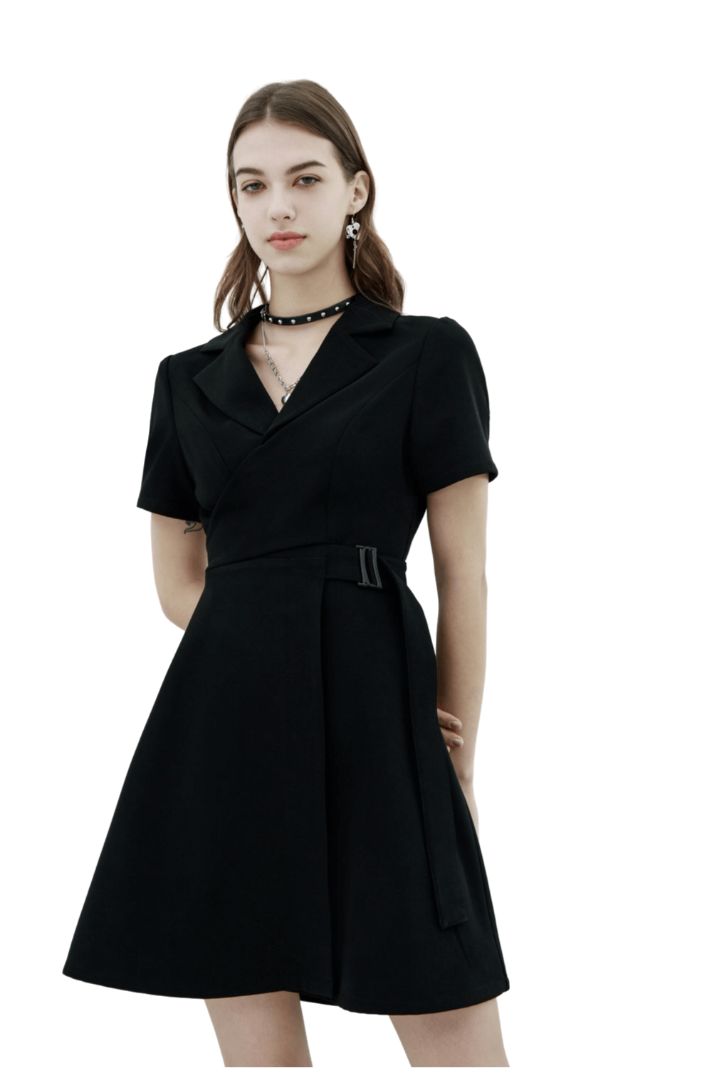 Chic A-Line Dress with Buckle Detail and Flared Skirt