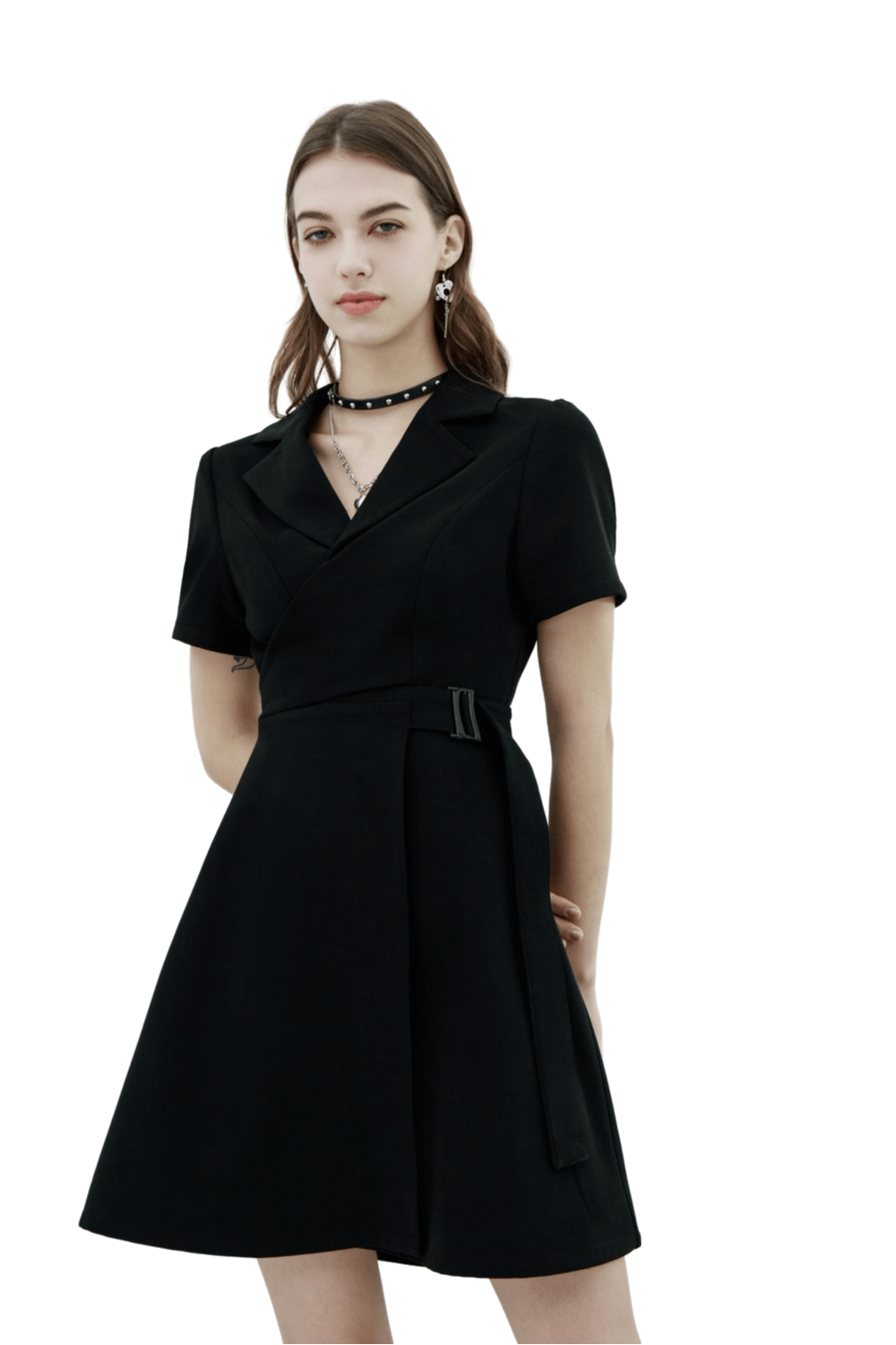 Chic A-Line dress with buckle detail and flared skirt, showcasing a stylish design and elegant suit collar.