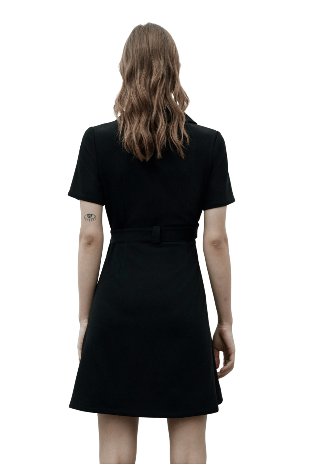 Back view of a chic black A-Line dress with short sleeves and buckle detail, showcasing a flared skirt.