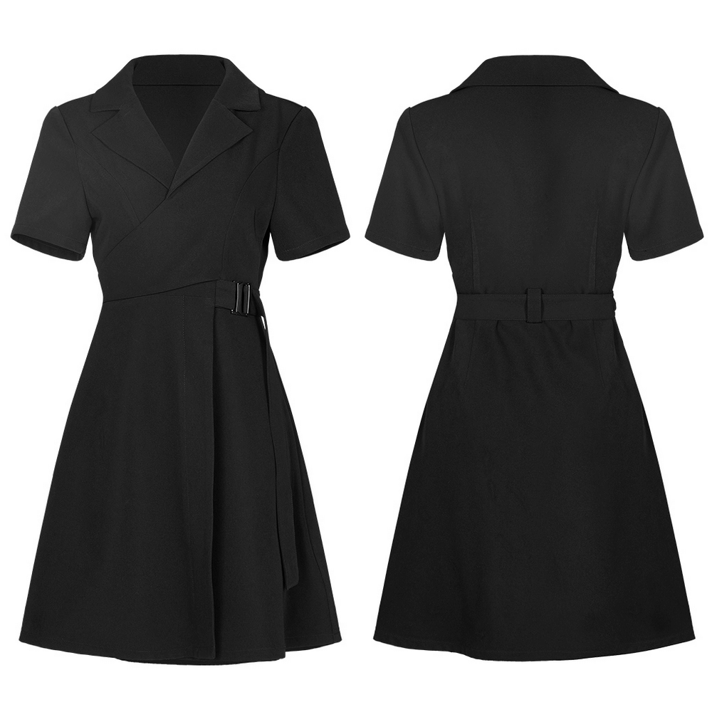 Chic A-Line dress with buckle detail, flared skirt, and suit collar design, perfect for elegant occasions.