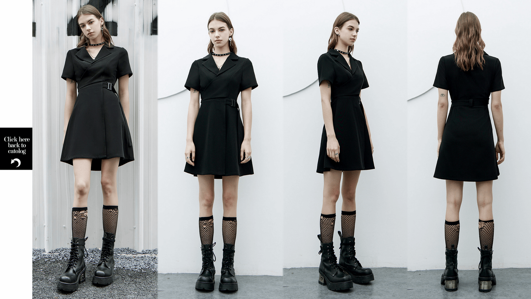 Chic black A-Line dress with buckle detail, featuring flared skirt and stylish boots, showcasing versatile looks from multiple angles.