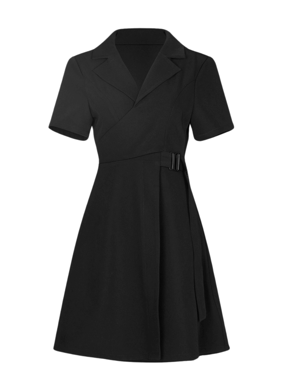 Chic black A-Line dress with buckle detail and flared skirt, featuring a stylish suit collar and short sleeves.