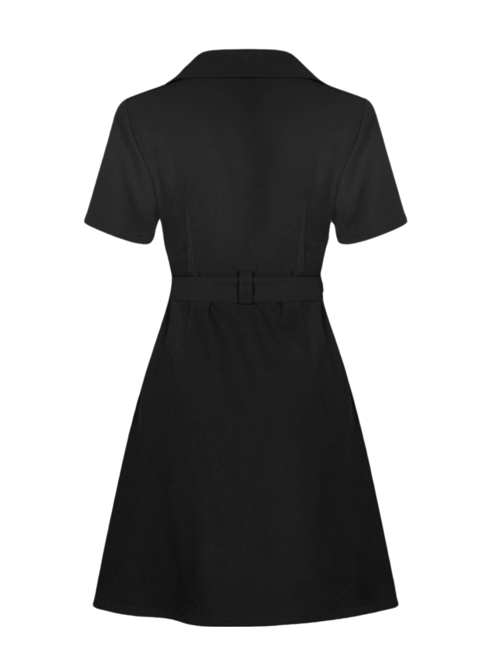 Chic black A-Line dress with buckle detail, suit collar, and flared skirt showcasing a stylish back view.