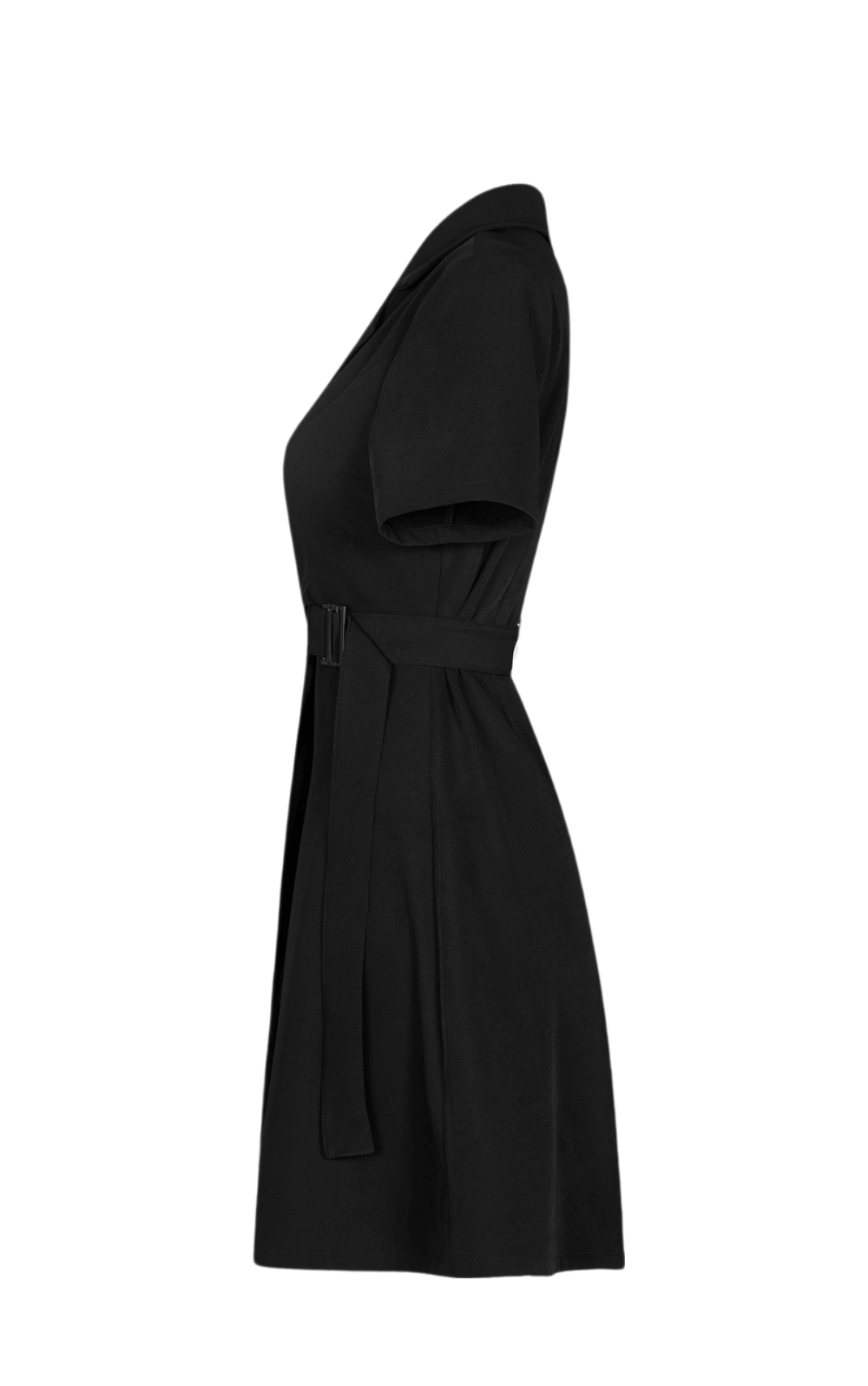 Side view of a chic A-Line dress with buckle detail and flared skirt in black, showcasing elegant suit collar and slim silhouette.