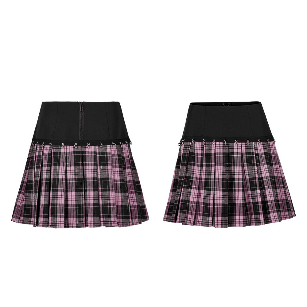 Chic A-Line Plaid Skirt with Metal Ring Accents