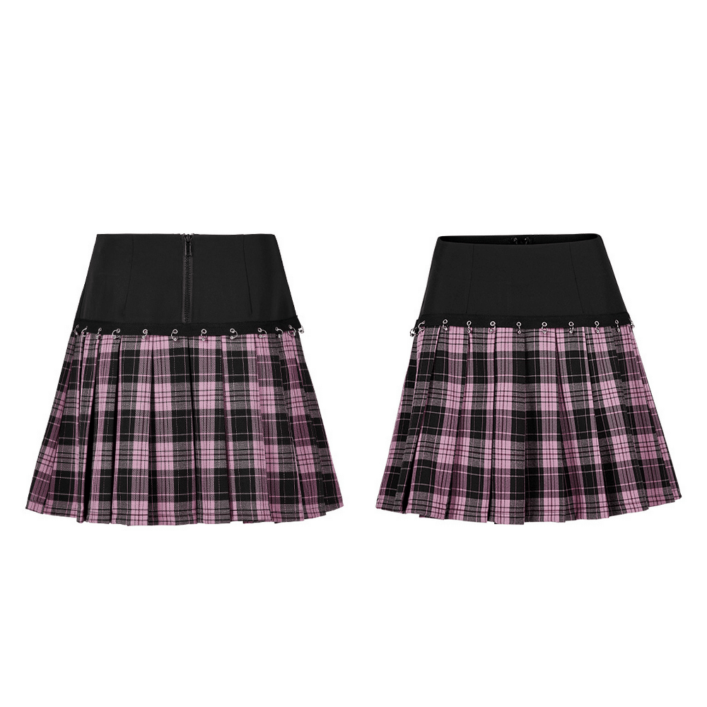 Chic A-Line plaid skirt featuring metal ring accents and pleated design in pink and black.