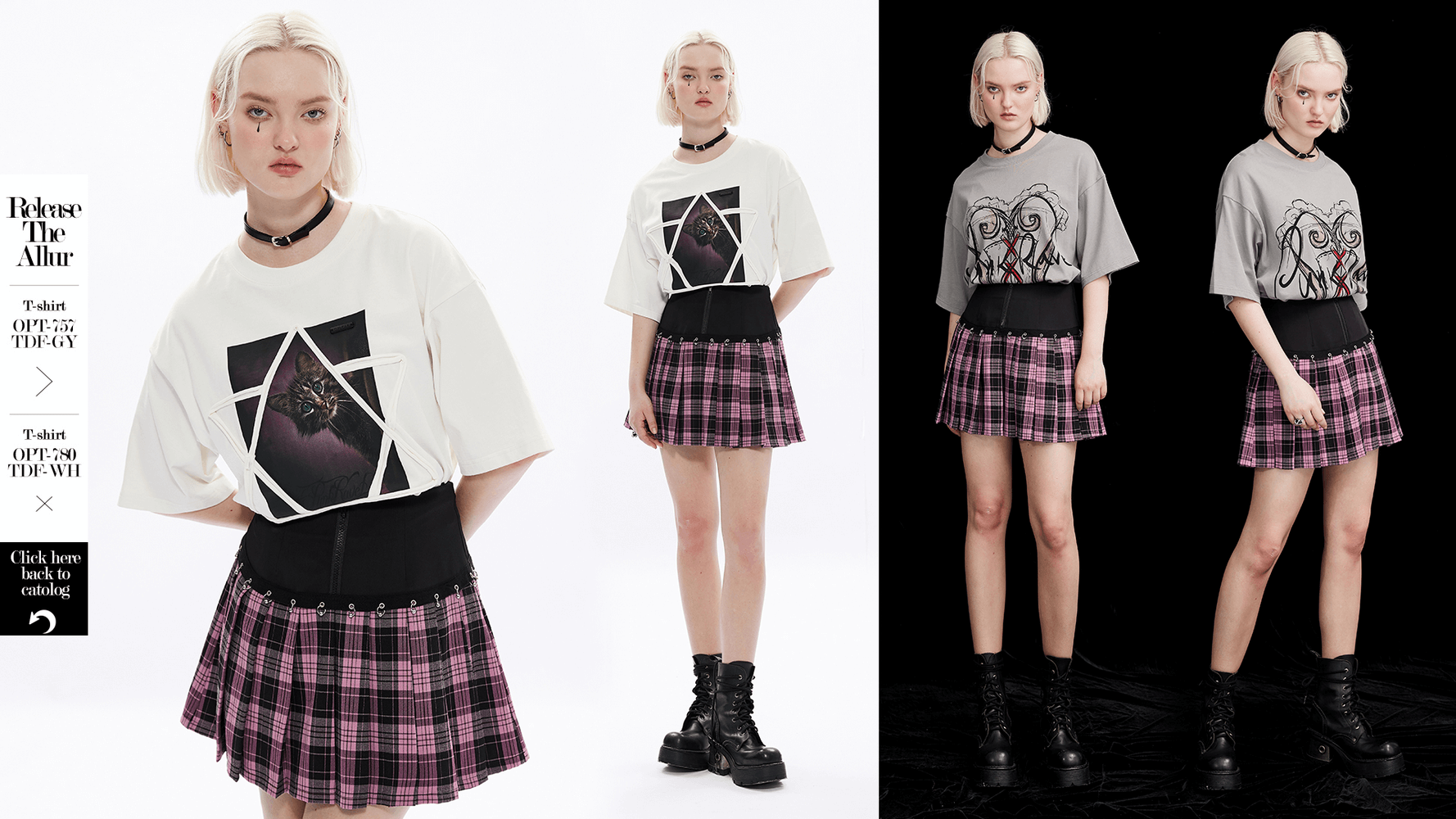 Model wearing a chic A-line plaid skirt with metal rings and trendy tees, showcasing a stylish and edgy look.