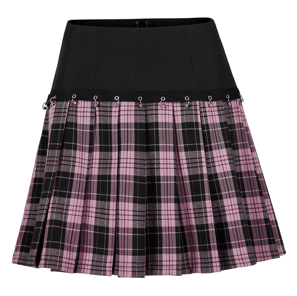 Chic A-Line plaid skirt with metal ring accents and pleated design in pink and black.