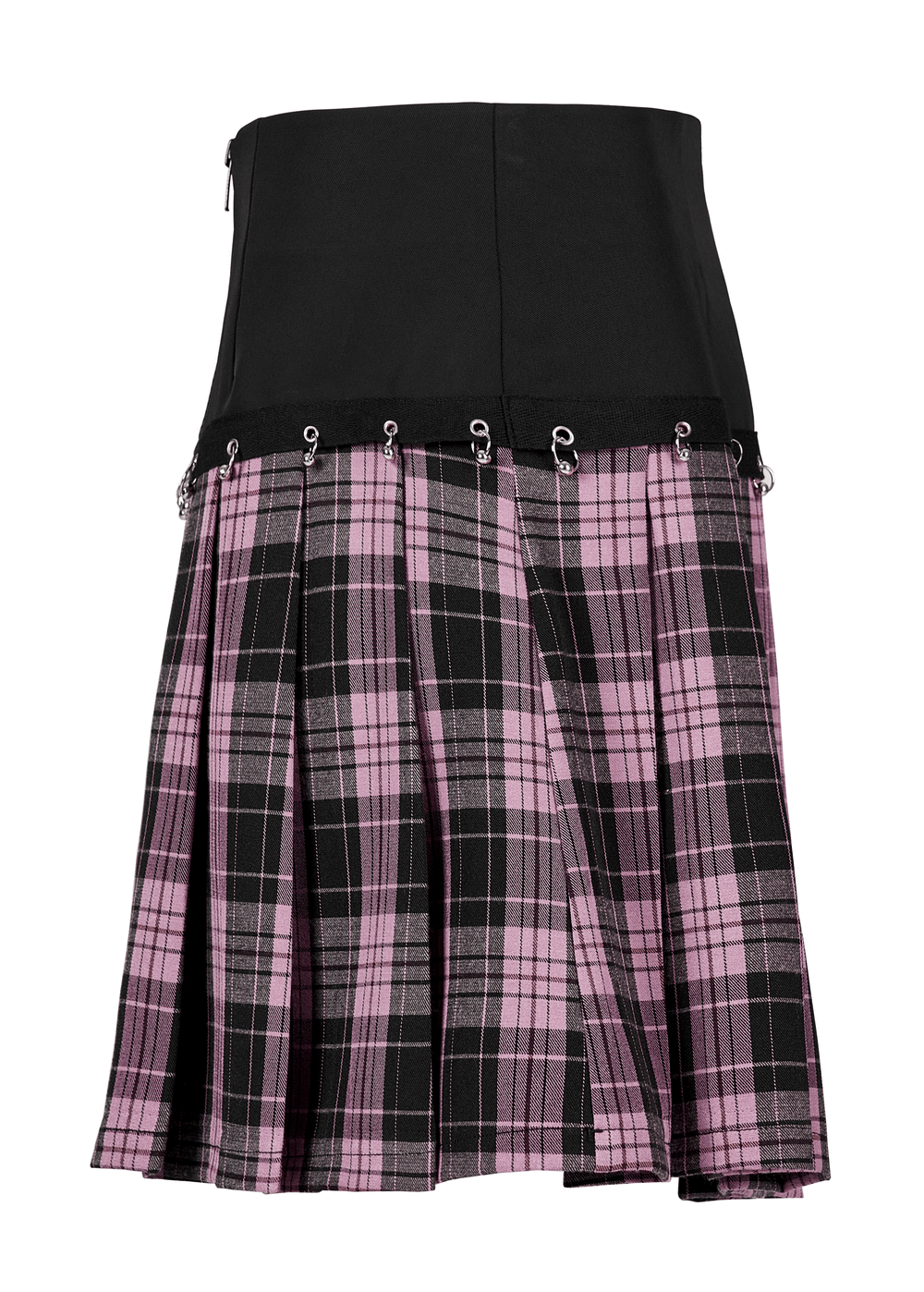 Chic A-line plaid skirt featuring metal ring accents and pleated design for a stylish edge.