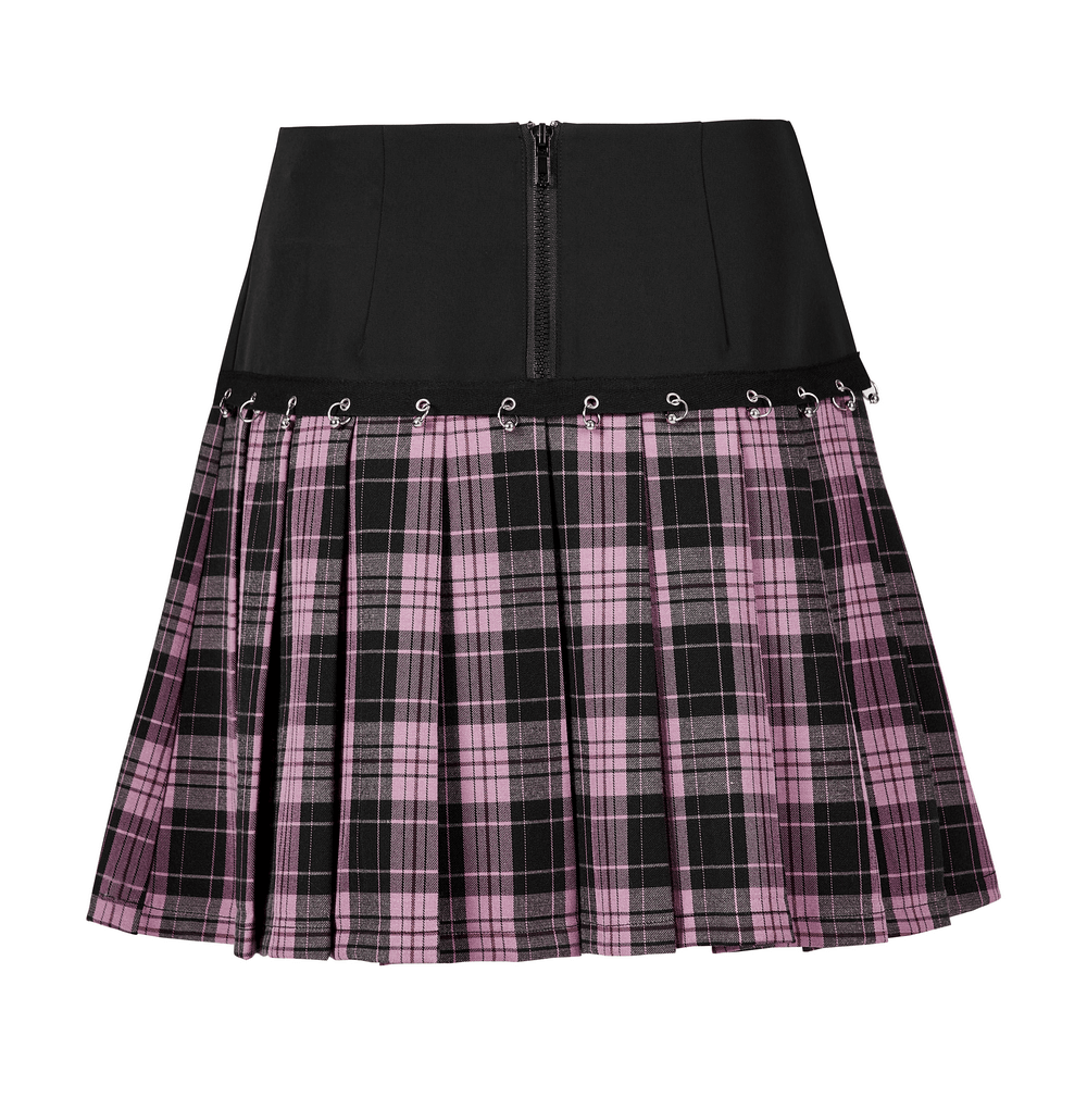 Chic A-line plaid skirt with metal rings and pleated design for a stylish, edgy look.