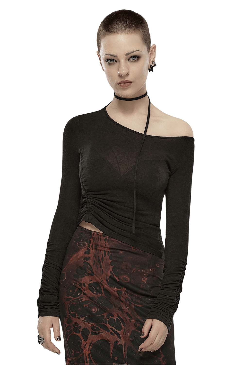 Chic Asymmetric Slant Neck Top with Rope Detail