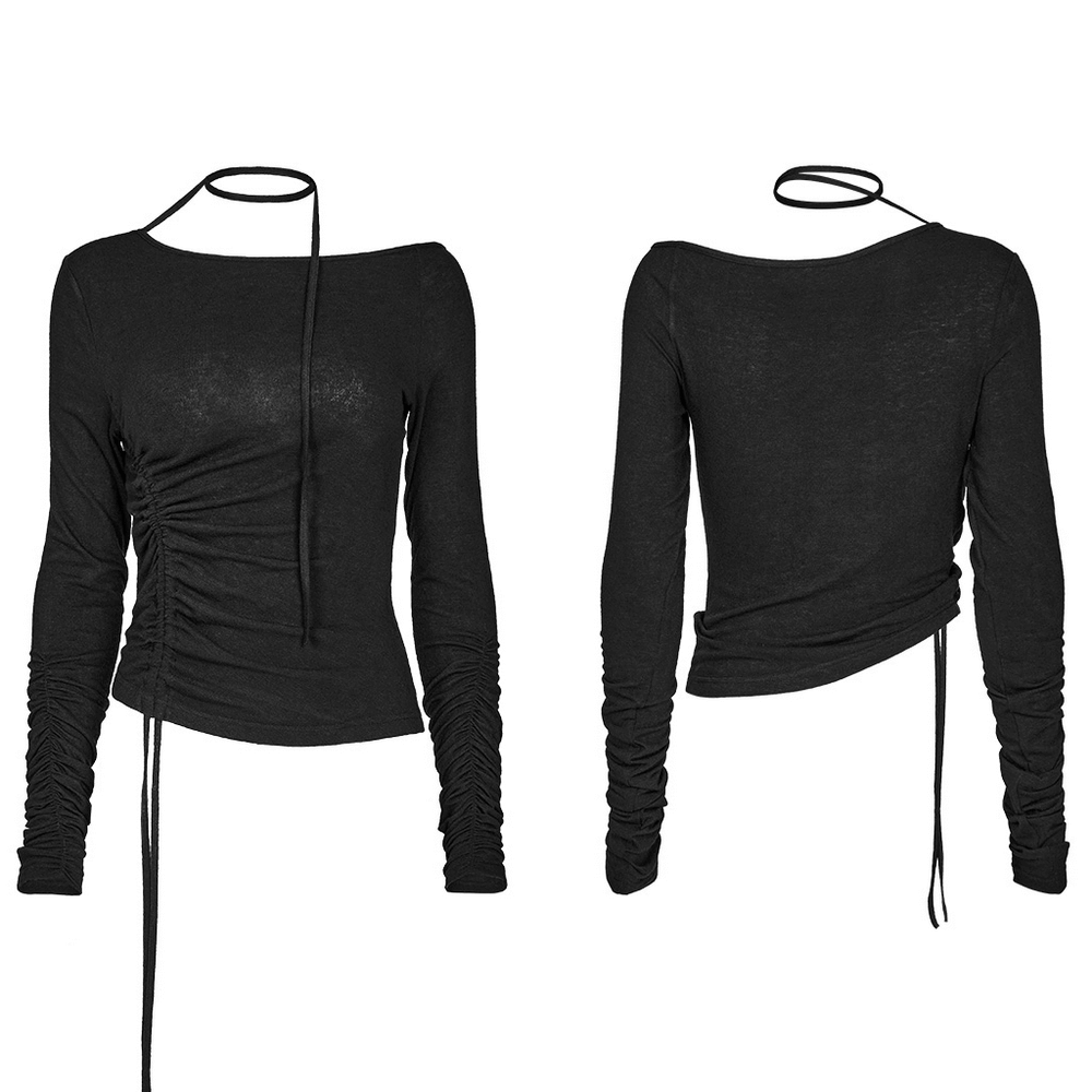 Chic Asymmetric Slant Neck Top with Rope Detail