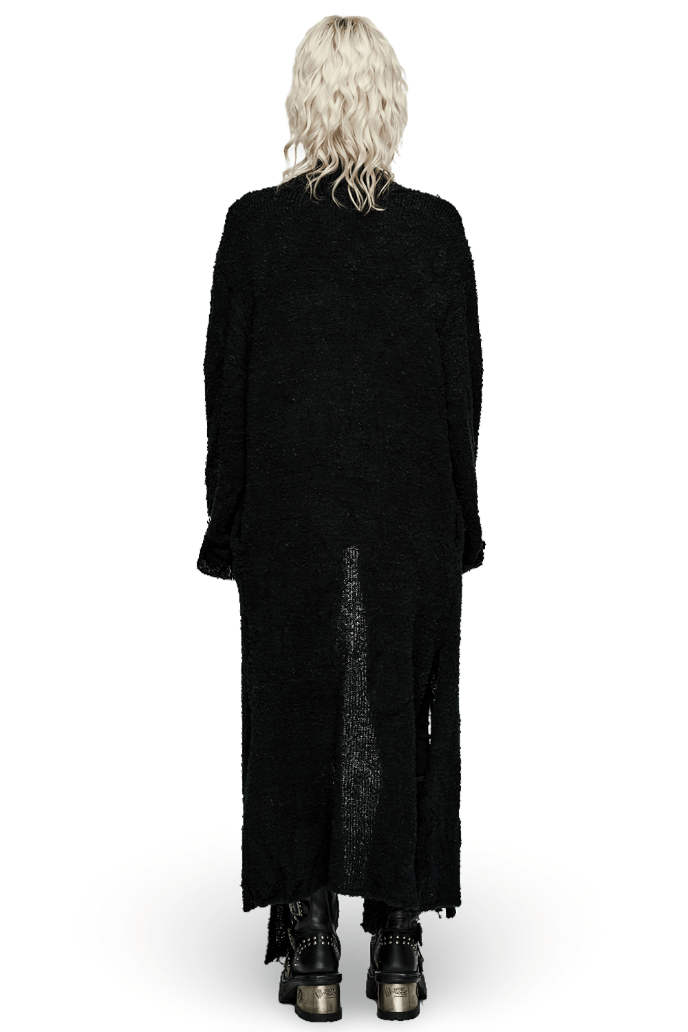 Back view of a chic black asymmetric wool-blend long cardigan with side slits, perfect for stylish layering.
