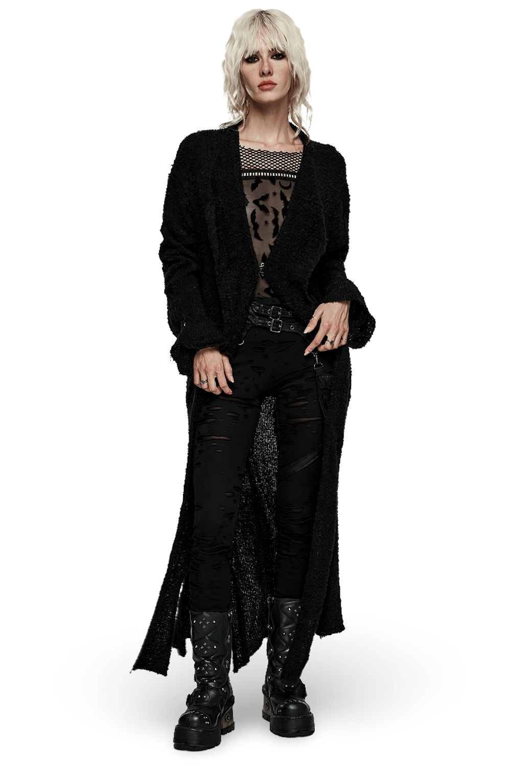 Chic black asymmetric wool-blend cardigan styled with edgy black ensemble and combat boots for a trendy look.