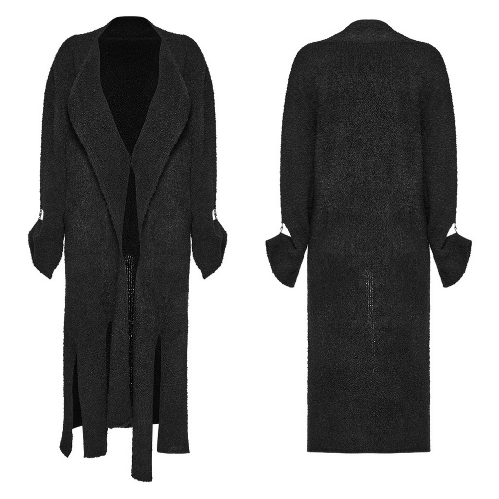 Chic asymmetric wool-blend long cardigan in black with stylish slits and a sophisticated lapel collar, perfect for trendy outfits.