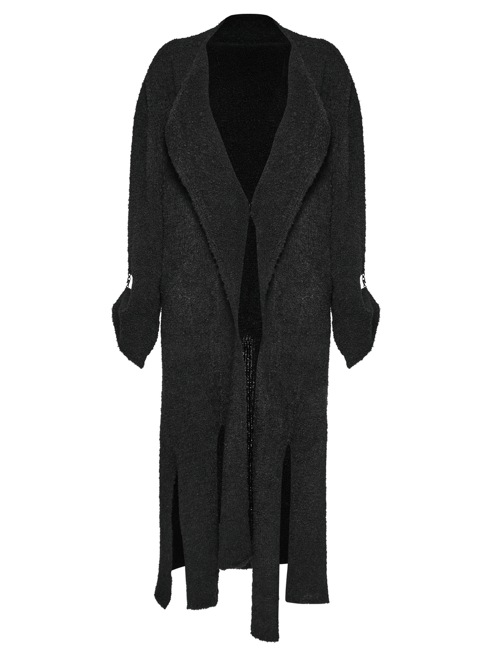 Chic asymmetric wool-blend long cardigan in black with side slits and a stylish lapel collar.