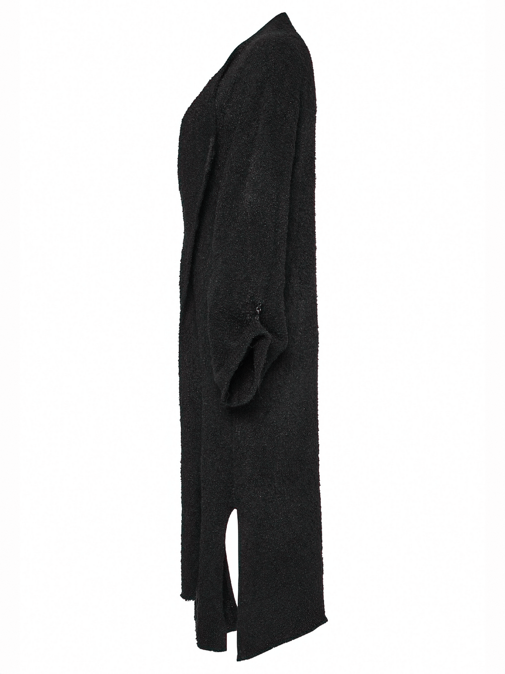 Chic asymmetric wool-blend long cardigan in black with side slits, stylish and comfortable wardrobe staple.