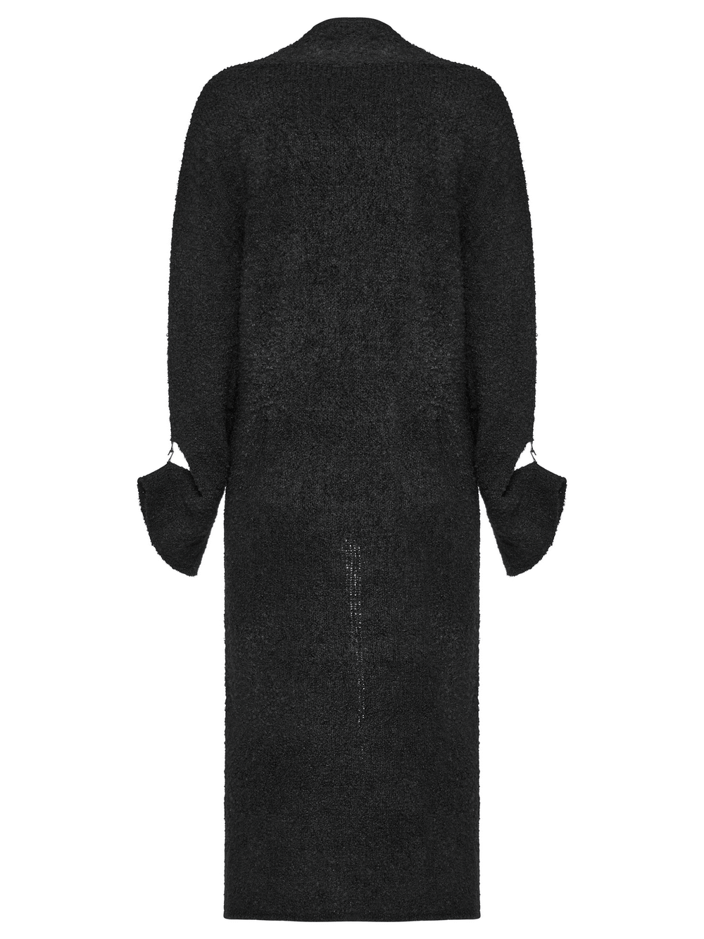 Rear view of chic asymmetric wool-blend long cardigan with stylish sleeves and cozy texture.