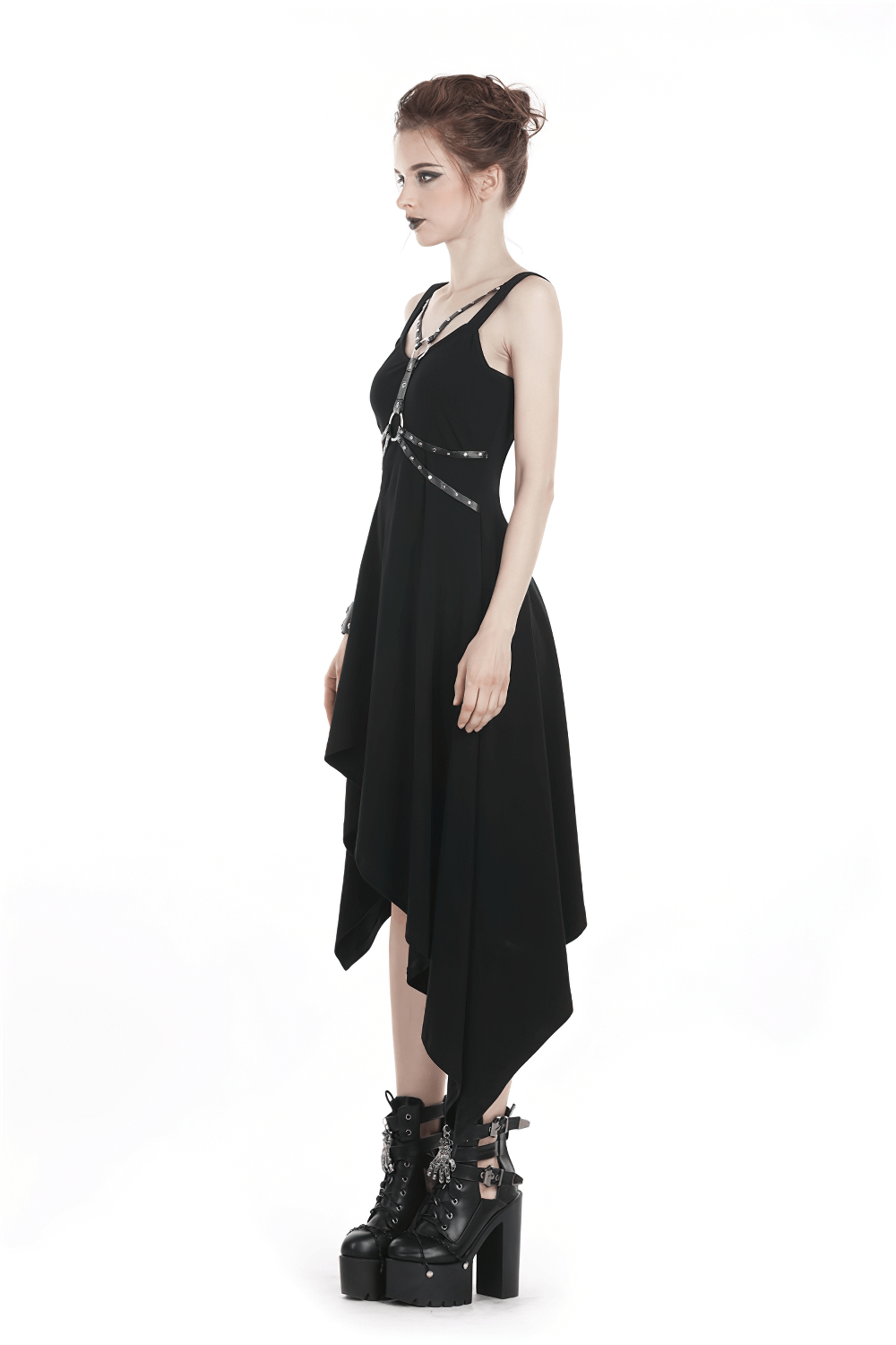 Chic black asymmetrical dress with chain detailing, perfect for elegant evening outings and stylish moments.