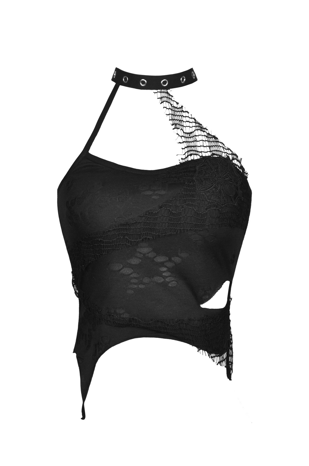 Chic black asymmetrical halter top with lace detail and edgy choker collar, perfect for stylish evening wear.
