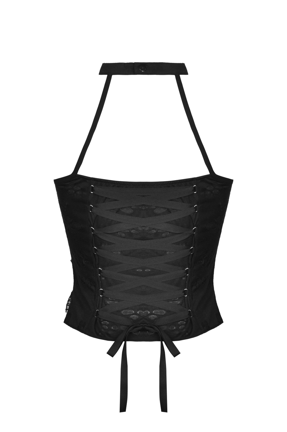 Chic asymmetrical halter top in black lace with lace-up back and modern design, perfect for elegant evening wear.