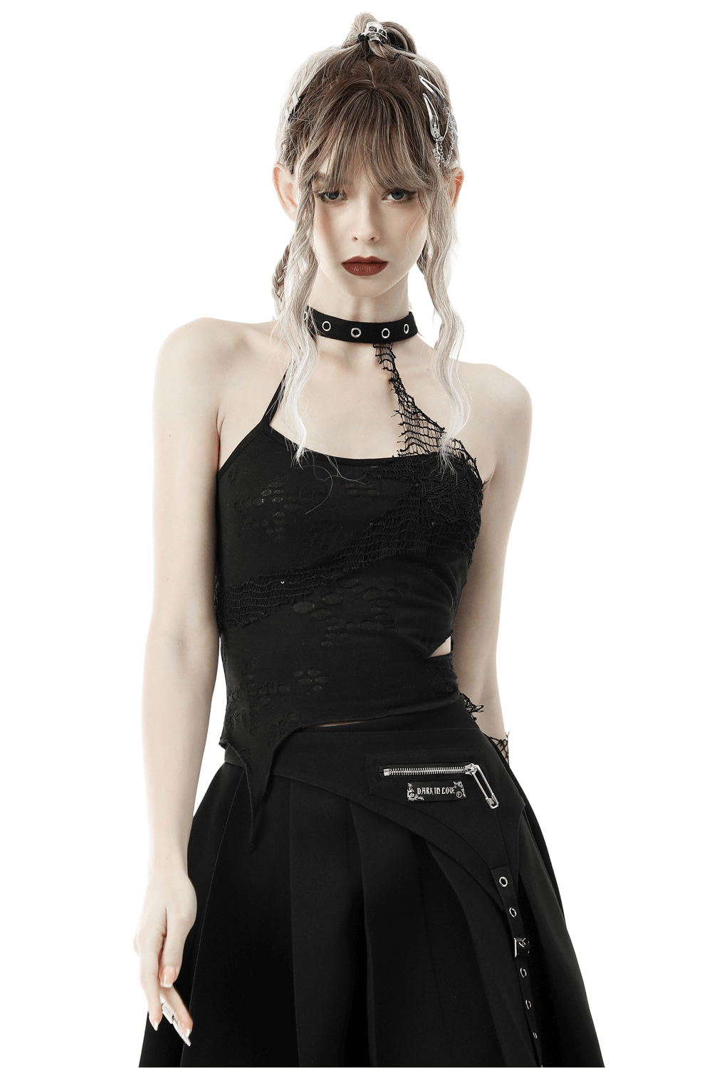 Chic asymmetrical black halter top with lace detail and choker collar, perfect for stylish evening wear.