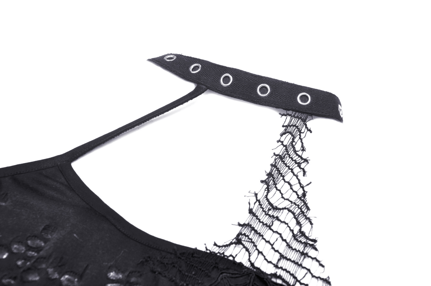 Chic black halter top with lace detail and eyelet accents, showcasing an asymmetrical design and modern appeal.